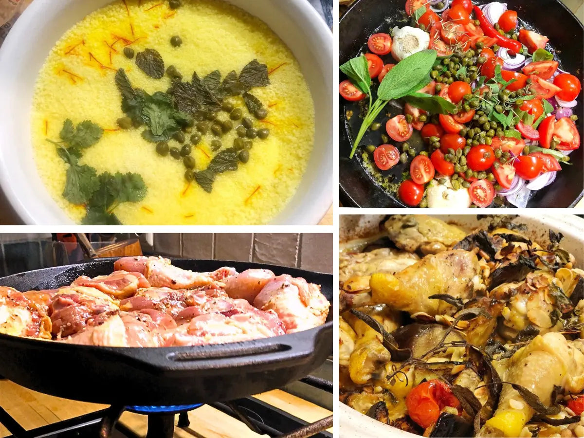 Hähnchenkeulen mit Auberginen und Zitronen-Safran-Couscous